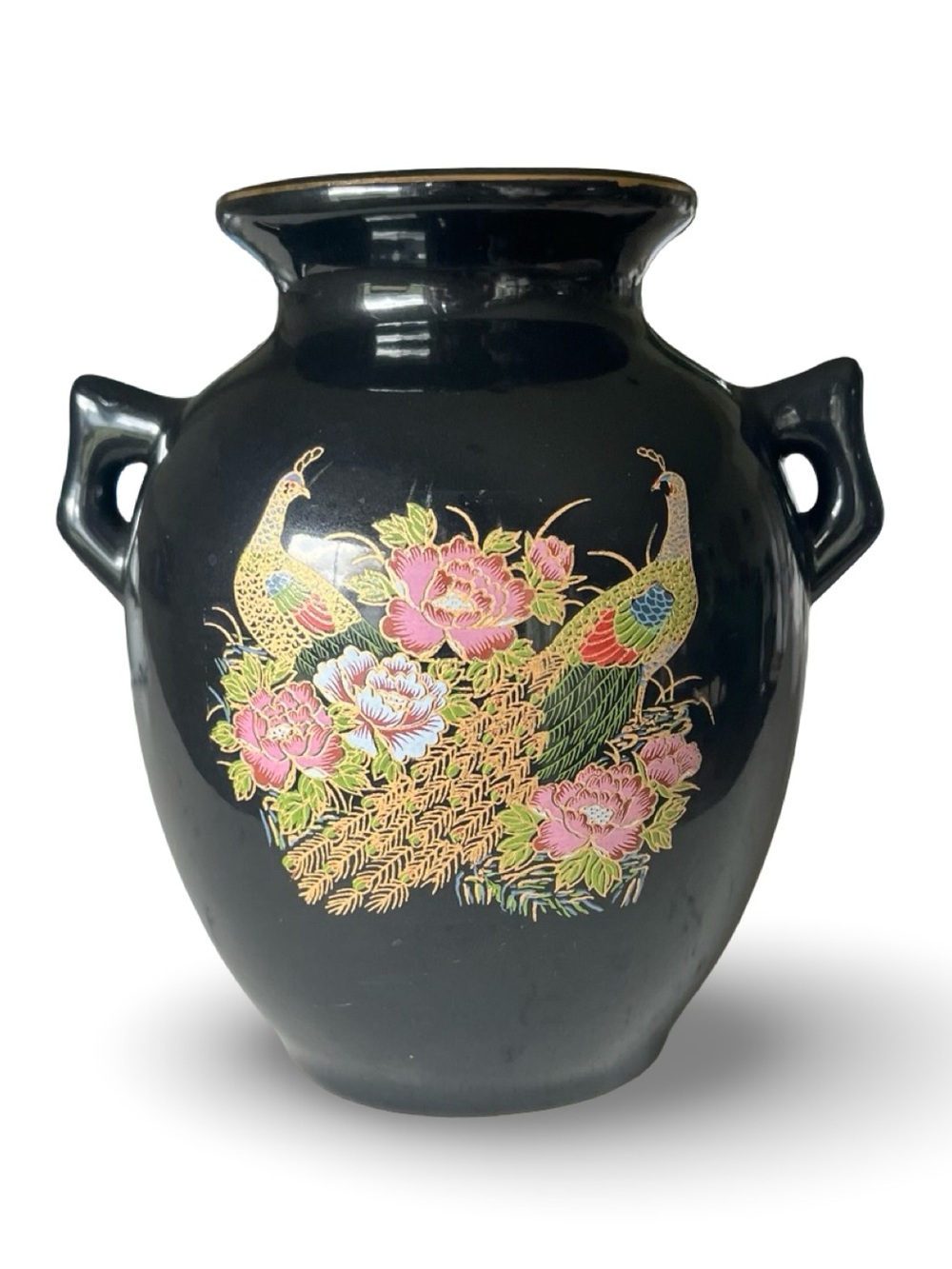 Vintage Chinoiserie Famille Noire Dual Handled Peacock Vase 5.5”